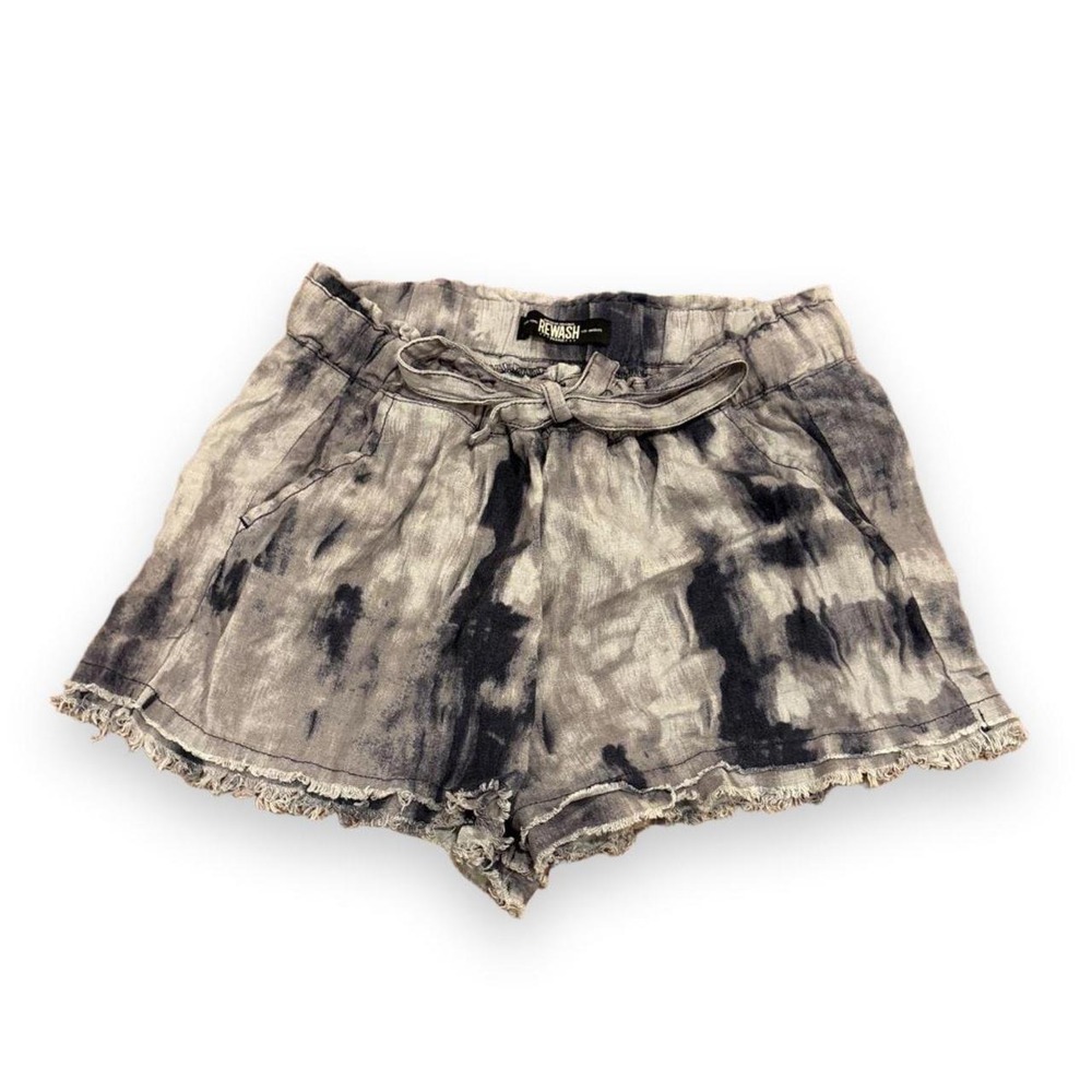 Rewash Womens Gray Black Tie Dye Linen Blend Drawstring Frayed Hem Shorts Medium